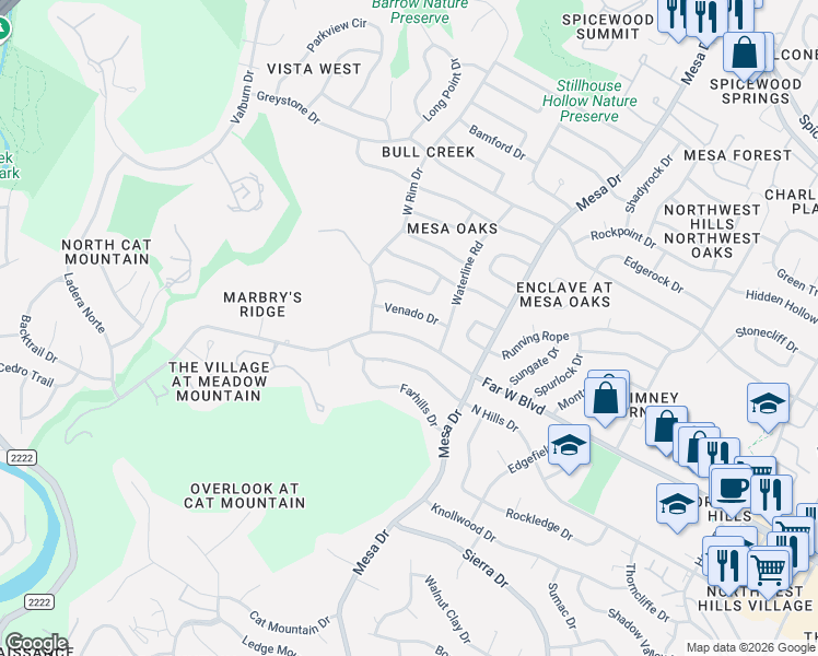 map of restaurants, bars, coffee shops, grocery stores, and more near 4205 Venado Drive in Austin