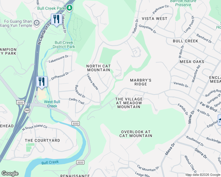 map of restaurants, bars, coffee shops, grocery stores, and more near 6605 Cat Creek Trail in Austin