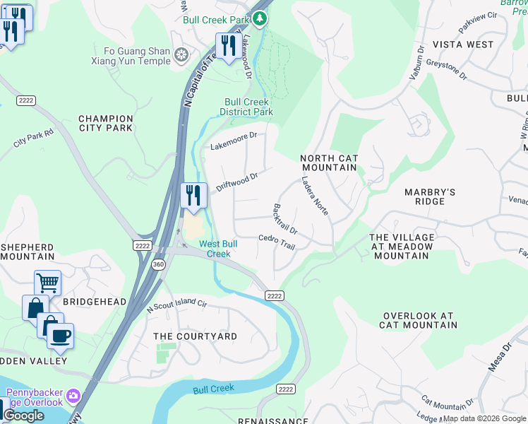 map of restaurants, bars, coffee shops, grocery stores, and more near 5501 Blueridge Court in Austin