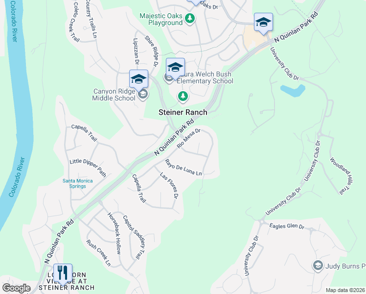 map of restaurants, bars, coffee shops, grocery stores, and more near 2317 Rio Mesa Drive in Austin