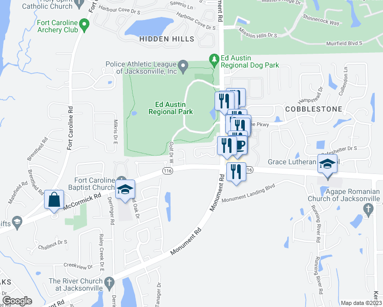 map of restaurants, bars, coffee shops, grocery stores, and more near 12744 Ashbrook Circle West in Jacksonville