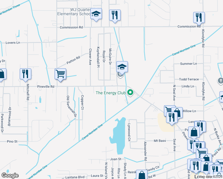 map of restaurants, bars, coffee shops, grocery stores, and more near 19225 Pineville Road in Long Beach