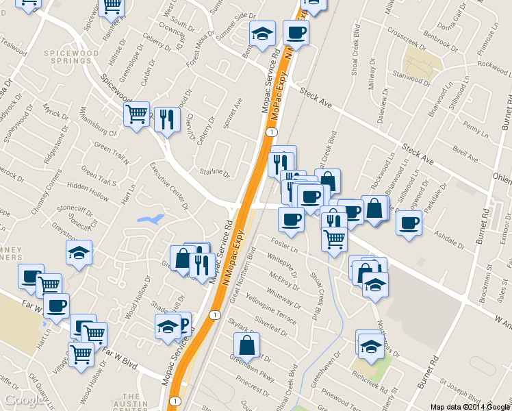 map of restaurants, bars, coffee shops, grocery stores, and more near N Mopac Expy & W Anderson Ln in Austin
