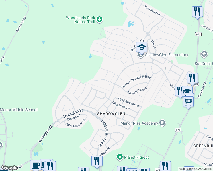 map of restaurants, bars, coffee shops, grocery stores, and more near 13600 Bullhorn Acacia Pass in Manor