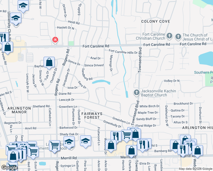 map of restaurants, bars, coffee shops, grocery stores, and more near 3417 Hermitage Road in Jacksonville