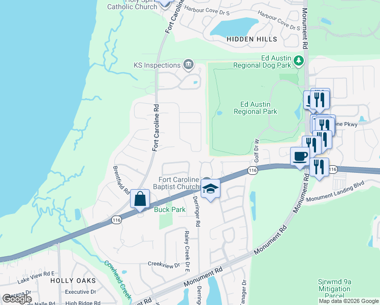 map of restaurants, bars, coffee shops, grocery stores, and more near 11190 Mikris Drive South in Jacksonville