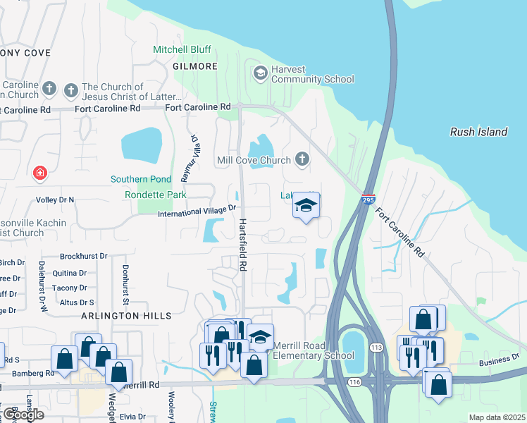 map of restaurants, bars, coffee shops, grocery stores, and more near 8238 International Village Drive in Jacksonville
