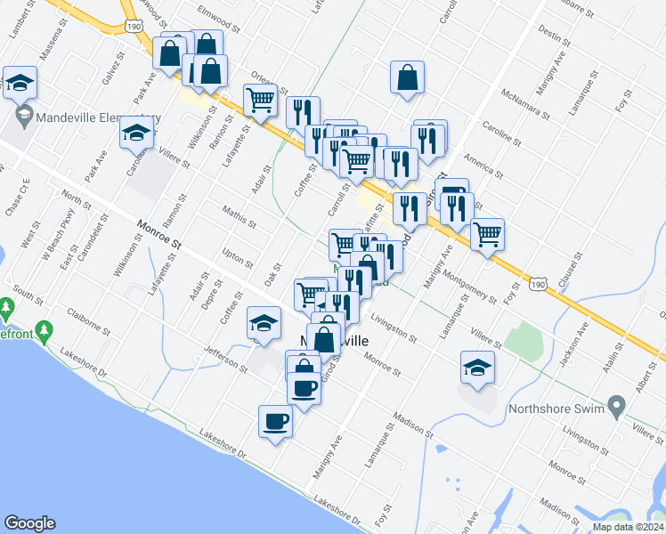 map of restaurants, bars, coffee shops, grocery stores, and more near 2112 Woodrow Street in Mandeville