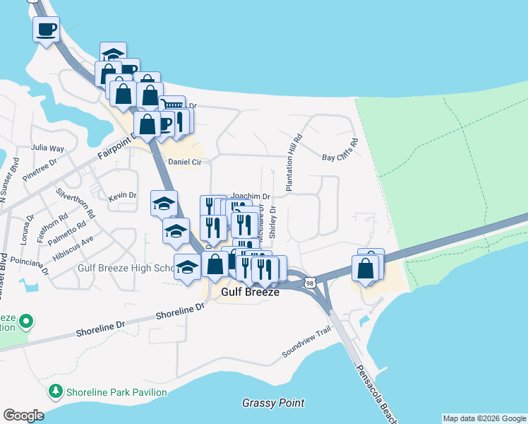 map of restaurants, bars, coffee shops, grocery stores, and more near 116 McClure Drive in Gulf Breeze