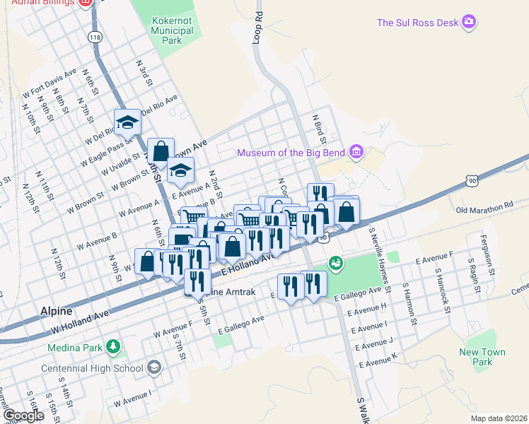 map of restaurants, bars, coffee shops, grocery stores, and more near 506 E Lockhart Ave in Alpine