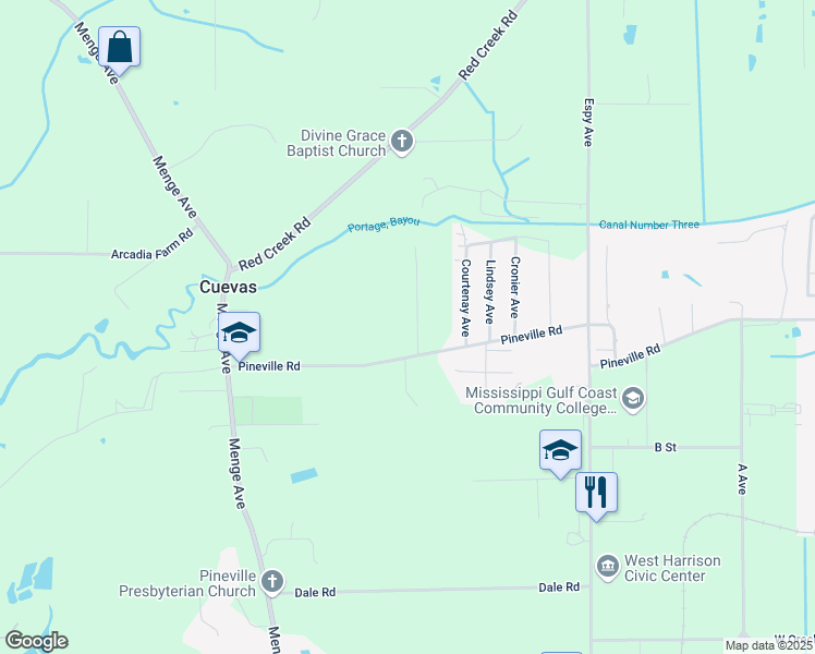 map of restaurants, bars, coffee shops, grocery stores, and more near 22230 Pineville Road in Pass Christian