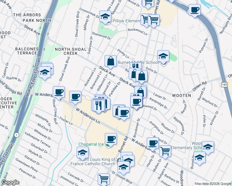 map of restaurants, bars, coffee shops, grocery stores, and more near 8012 Pinedale Cove in Austin