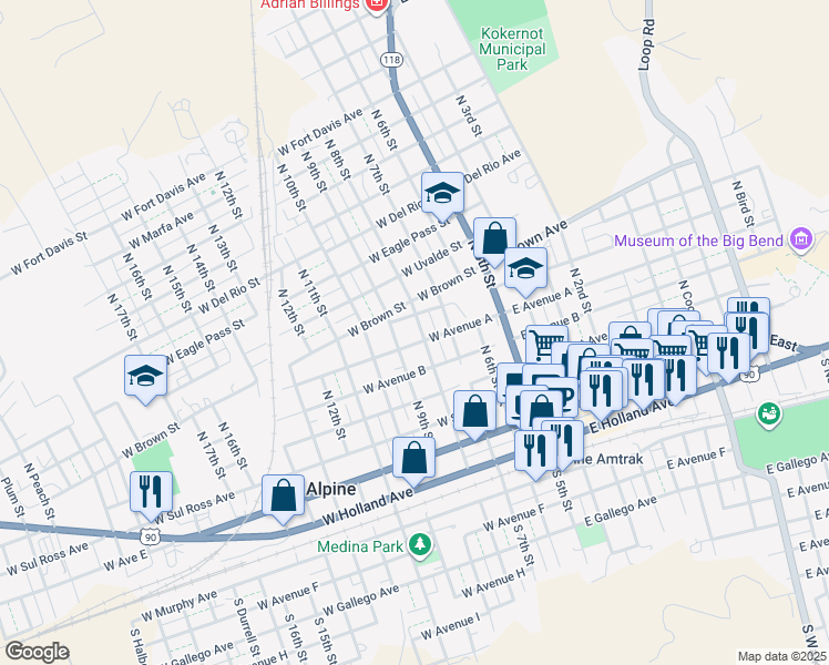 map of restaurants, bars, coffee shops, grocery stores, and more near 603 North 8th Street in Alpine