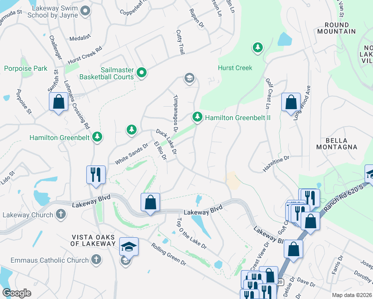 map of restaurants, bars, coffee shops, grocery stores, and more near 104 Fallbrook Court in Lakeway