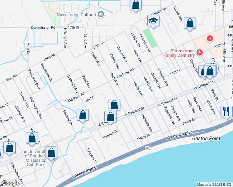 map of restaurants, bars, coffee shops, grocery stores, and more near 1104 Lewis Avenue in Gulfport