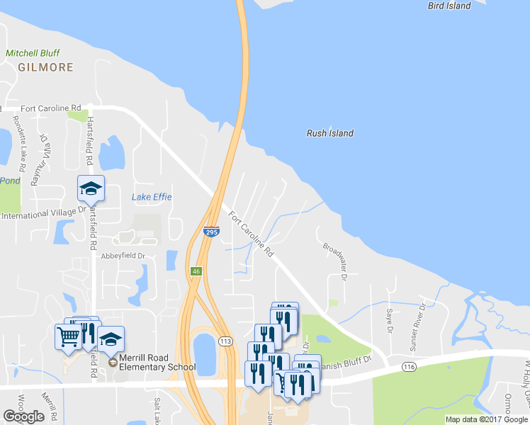 map of restaurants, bars, coffee shops, grocery stores, and more near 3634 Shawnee Shores Drive in Jacksonville