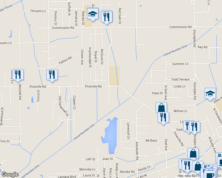 map of restaurants, bars, coffee shops, grocery stores, and more near 19219 Pineville Road in Long Beach