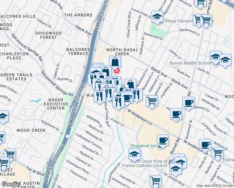 map of restaurants, bars, coffee shops, grocery stores, and more near 3010 West Anderson Lane in Austin
