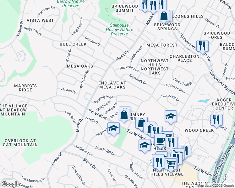 map of restaurants, bars, coffee shops, grocery stores, and more near 7216 Running Rope in Austin