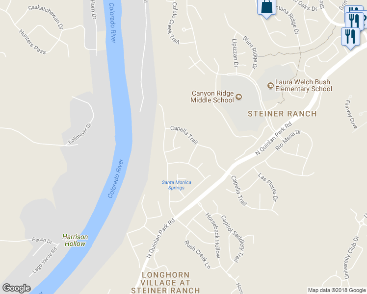 map of restaurants, bars, coffee shops, grocery stores, and more near 13106 Bright Sky Overlook in Austin