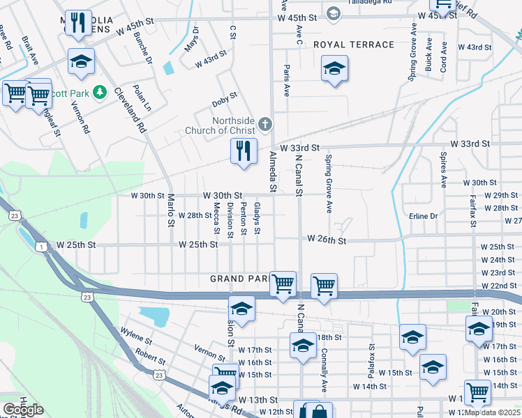 map of restaurants, bars, coffee shops, grocery stores, and more near 3818 Almeda Street in Jacksonville