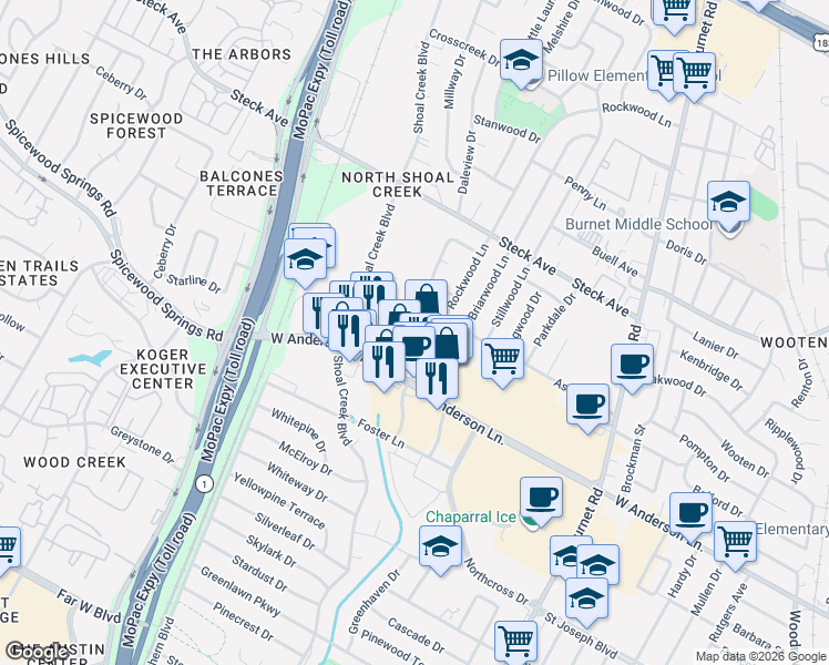 map of restaurants, bars, coffee shops, grocery stores, and more near 7930 Vinewood Lane in Austin