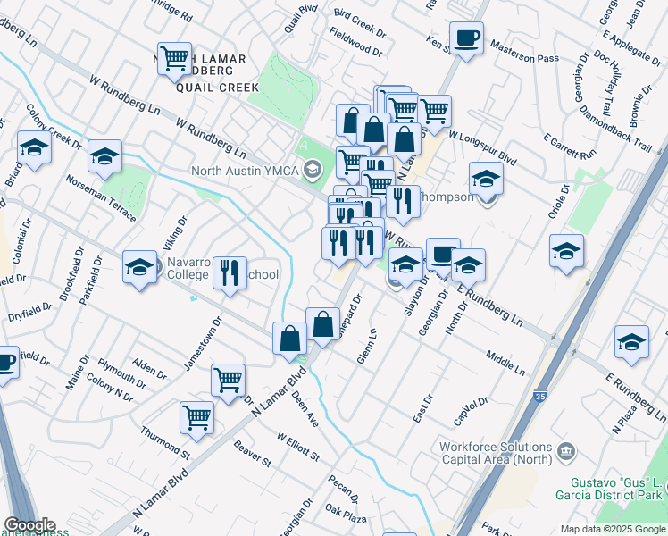 map of restaurants, bars, coffee shops, grocery stores, and more near 9036 North Lamar Boulevard in Austin
