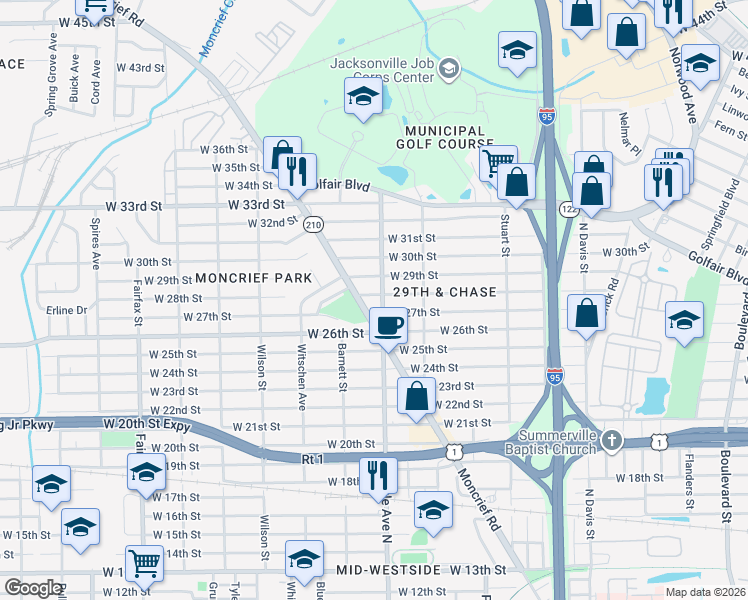 map of restaurants, bars, coffee shops, grocery stores, and more near 1312 West 28th Street in Jacksonville