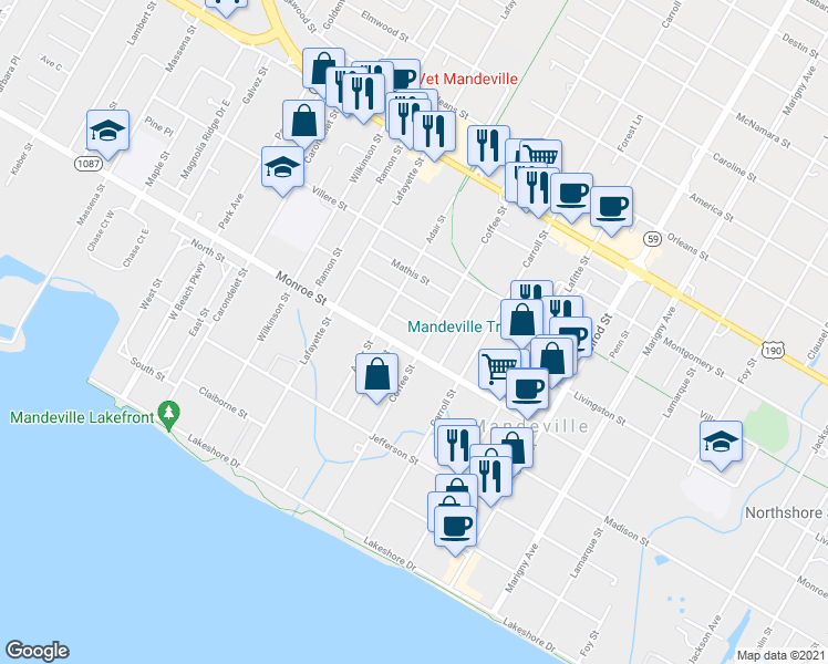 map of restaurants, bars, coffee shops, grocery stores, and more near 2316 Upton Street in Mandeville