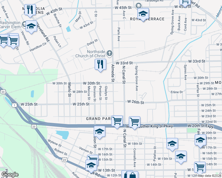 map of restaurants, bars, coffee shops, grocery stores, and more near 3818 Almeda Street in Jacksonville