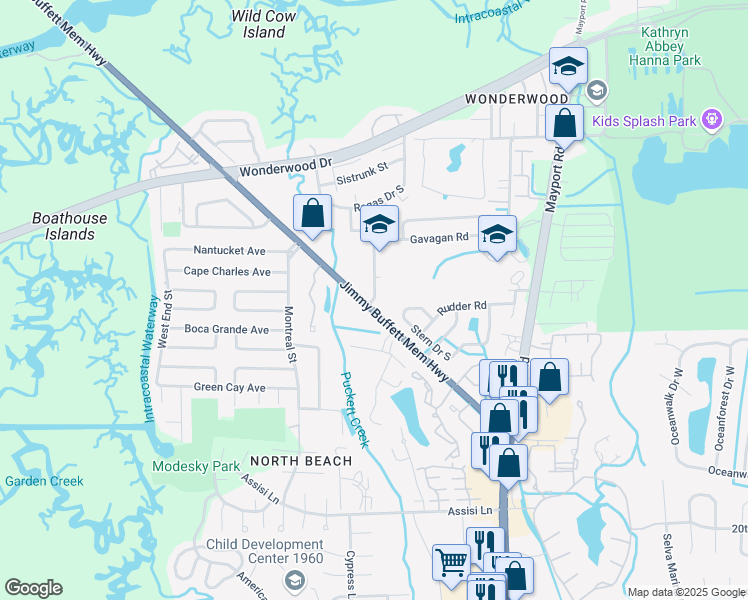 map of restaurants, bars, coffee shops, grocery stores, and more near 2753 Shangri La Drive in Atlantic Beach