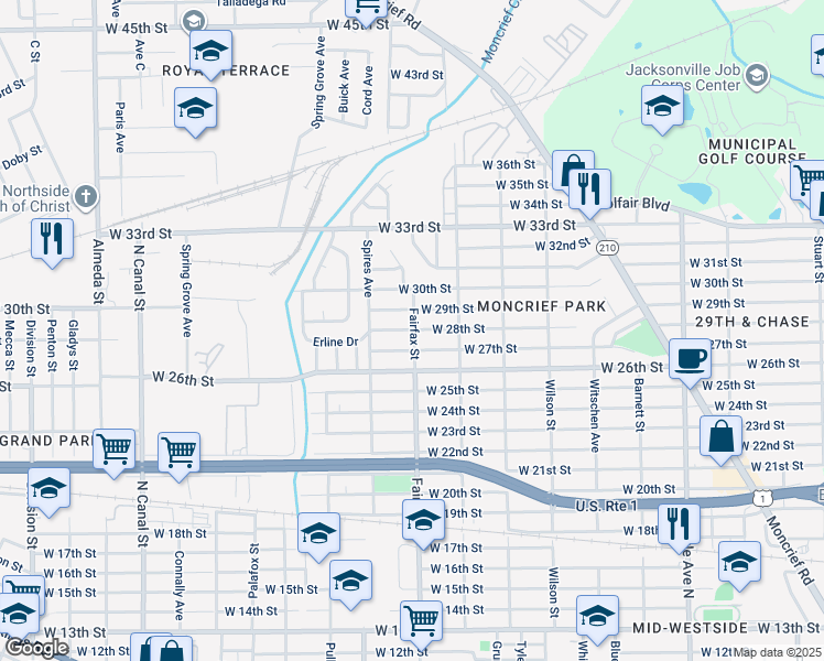 map of restaurants, bars, coffee shops, grocery stores, and more near 1800 West 28th Street in Jacksonville