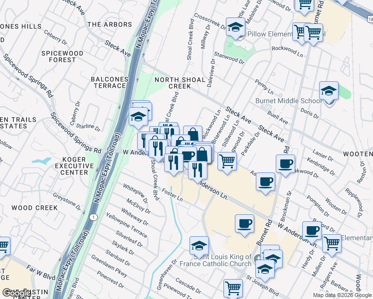 map of restaurants, bars, coffee shops, grocery stores, and more near 7930 Vinewood Lane in Austin