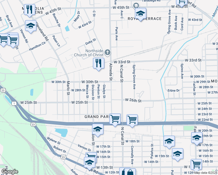 map of restaurants, bars, coffee shops, grocery stores, and more near 3818 Almeda Street in Jacksonville