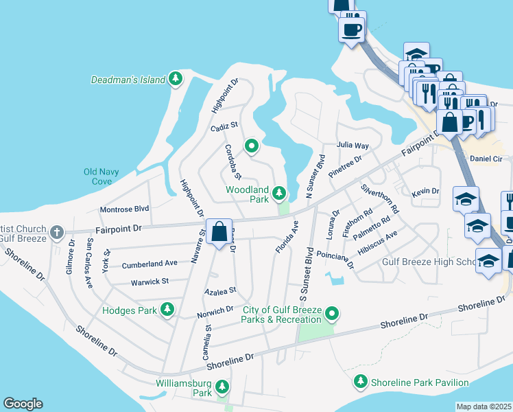 map of restaurants, bars, coffee shops, grocery stores, and more near 3 Highpoint Drive in Gulf Breeze