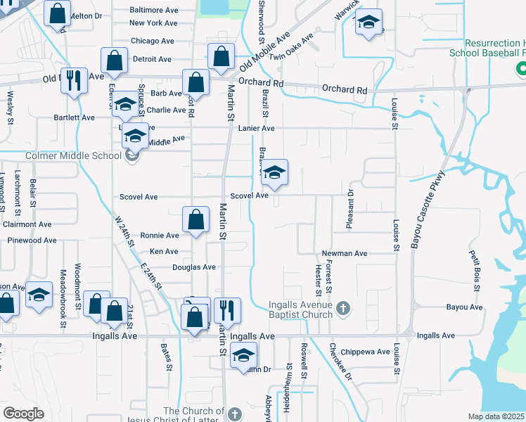 map of restaurants, bars, coffee shops, grocery stores, and more near 4102 Scovel Avenue in Pascagoula