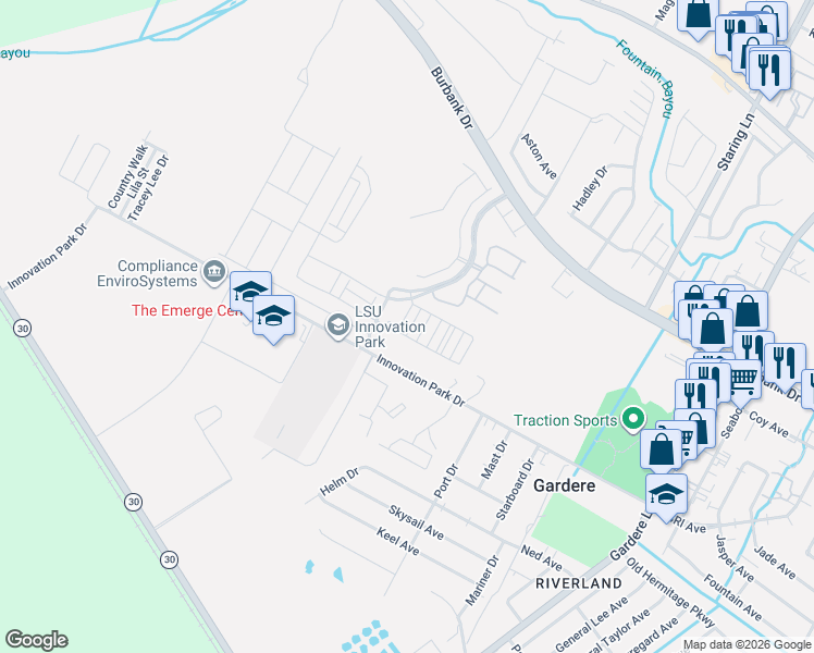 map of restaurants, bars, coffee shops, grocery stores, and more near 1440 Pelican Club Drive in Baton Rouge