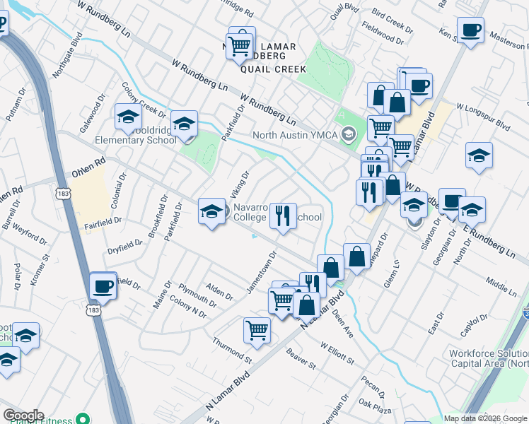 map of restaurants, bars, coffee shops, grocery stores, and more near 1011 Bob White Drive in Austin