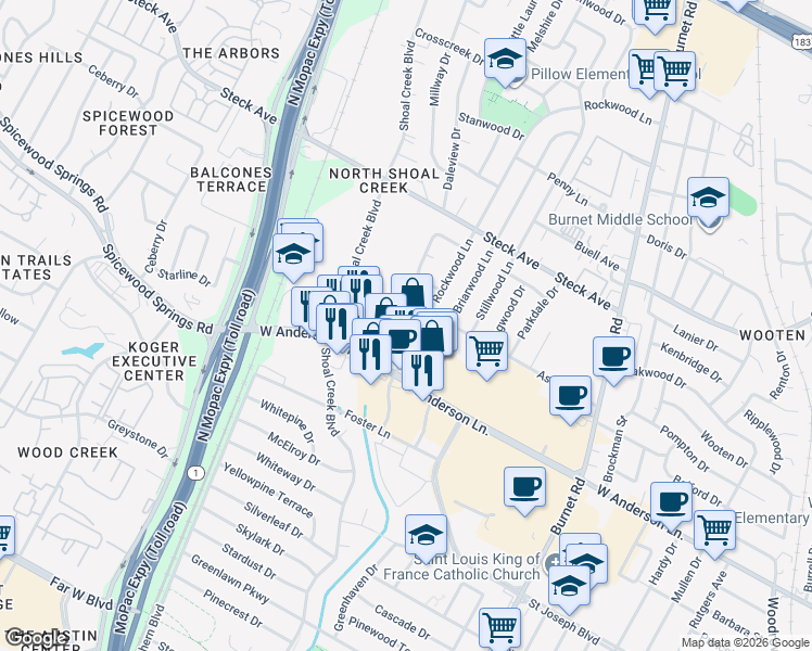 map of restaurants, bars, coffee shops, grocery stores, and more near 7930 Vinewood Lane in Austin