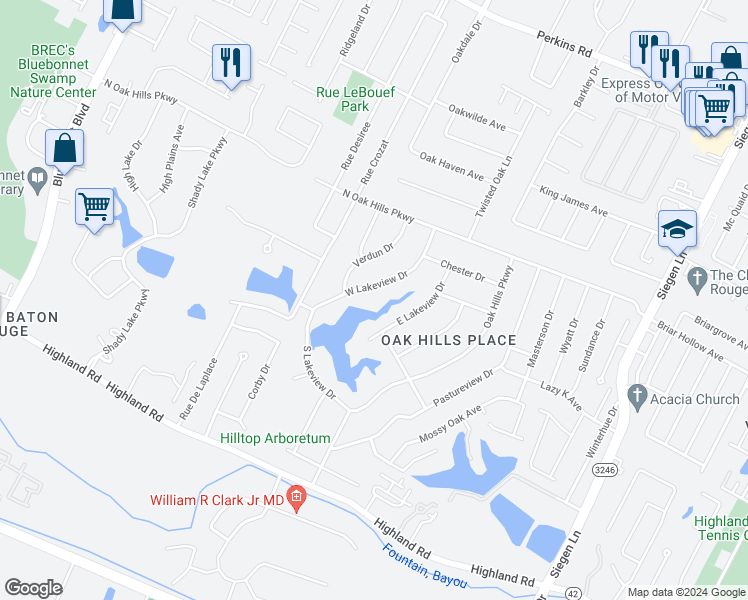 map of restaurants, bars, coffee shops, grocery stores, and more near 998 West Lakeview Drive in Baton Rouge