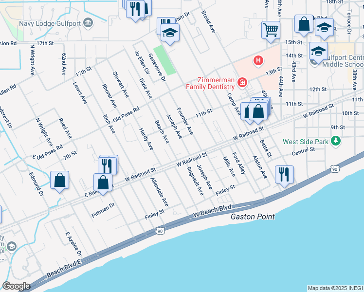 map of restaurants, bars, coffee shops, grocery stores, and more near 1021 Joseph Avenue in Gulfport