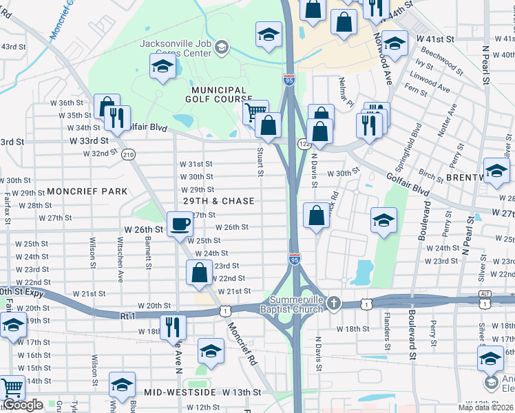 map of restaurants, bars, coffee shops, grocery stores, and more near 3725 Stuart Street in Jacksonville
