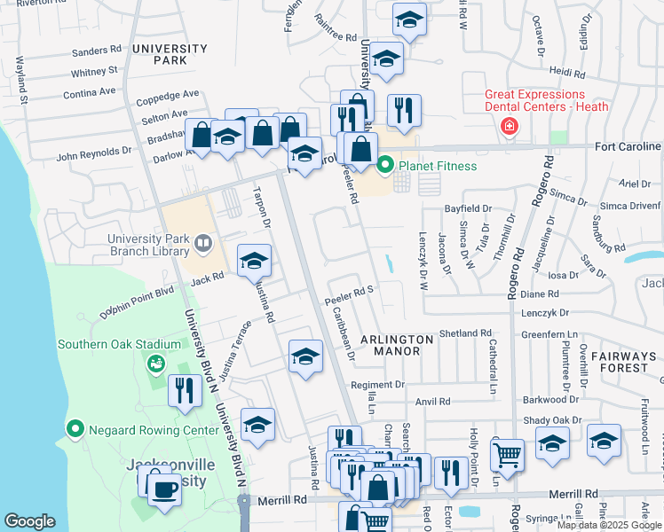map of restaurants, bars, coffee shops, grocery stores, and more near 5902 Wentworth Circle South in Jacksonville