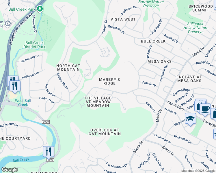 map of restaurants, bars, coffee shops, grocery stores, and more near 6804 Marbry's Ridge Cove in Austin