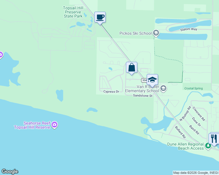 map of restaurants, bars, coffee shops, grocery stores, and more near 39 Cypress Walk in Santa Rosa Beach