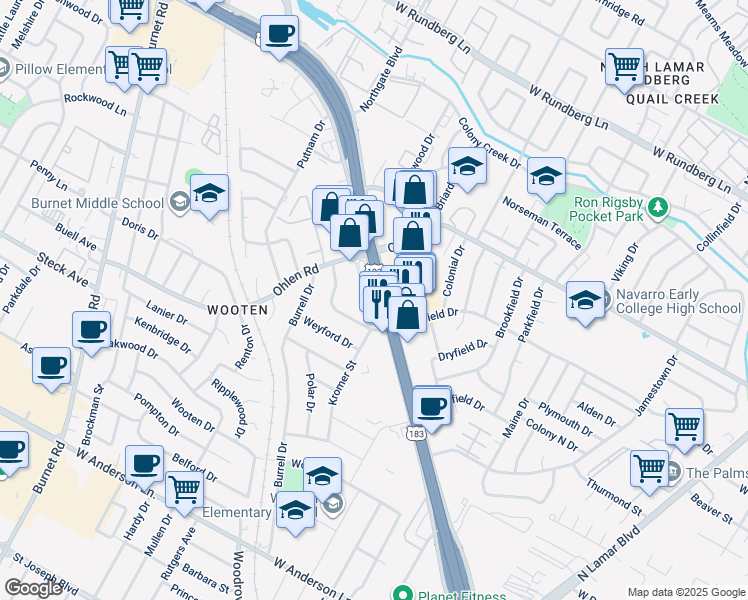 map of restaurants, bars, coffee shops, grocery stores, and more near 8566 Research Boulevard in Austin