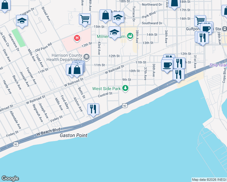map of restaurants, bars, coffee shops, grocery stores, and more near 4100 Central Street in Gulfport
