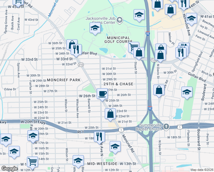 map of restaurants, bars, coffee shops, grocery stores, and more near 1262 West 28th Street in Jacksonville