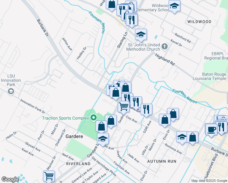 map of restaurants, bars, coffee shops, grocery stores, and more near 9323 Burbank Drive in Baton Rouge