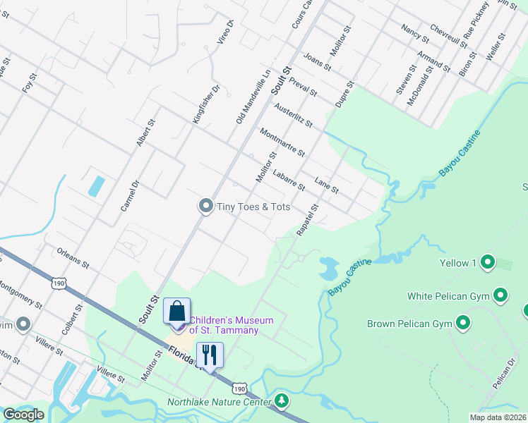 map of restaurants, bars, coffee shops, grocery stores, and more near 825 McCruice Street in Mandeville